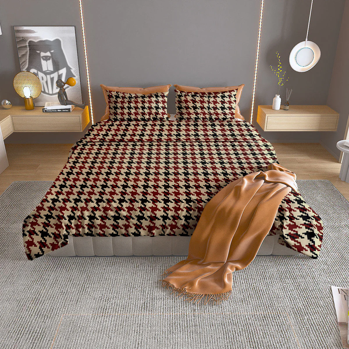 Houndstooth Red Brown Print Pattern Duvet Cover Bedding Set