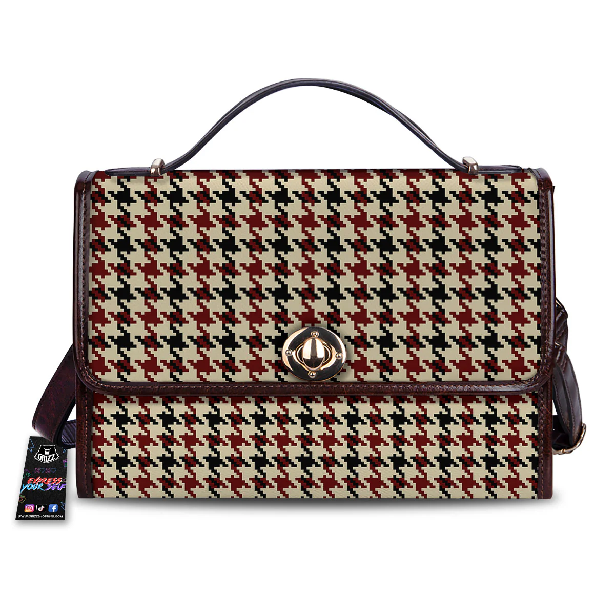 Houndstooth Red Brown Print Pattern Women's Satchel Bag