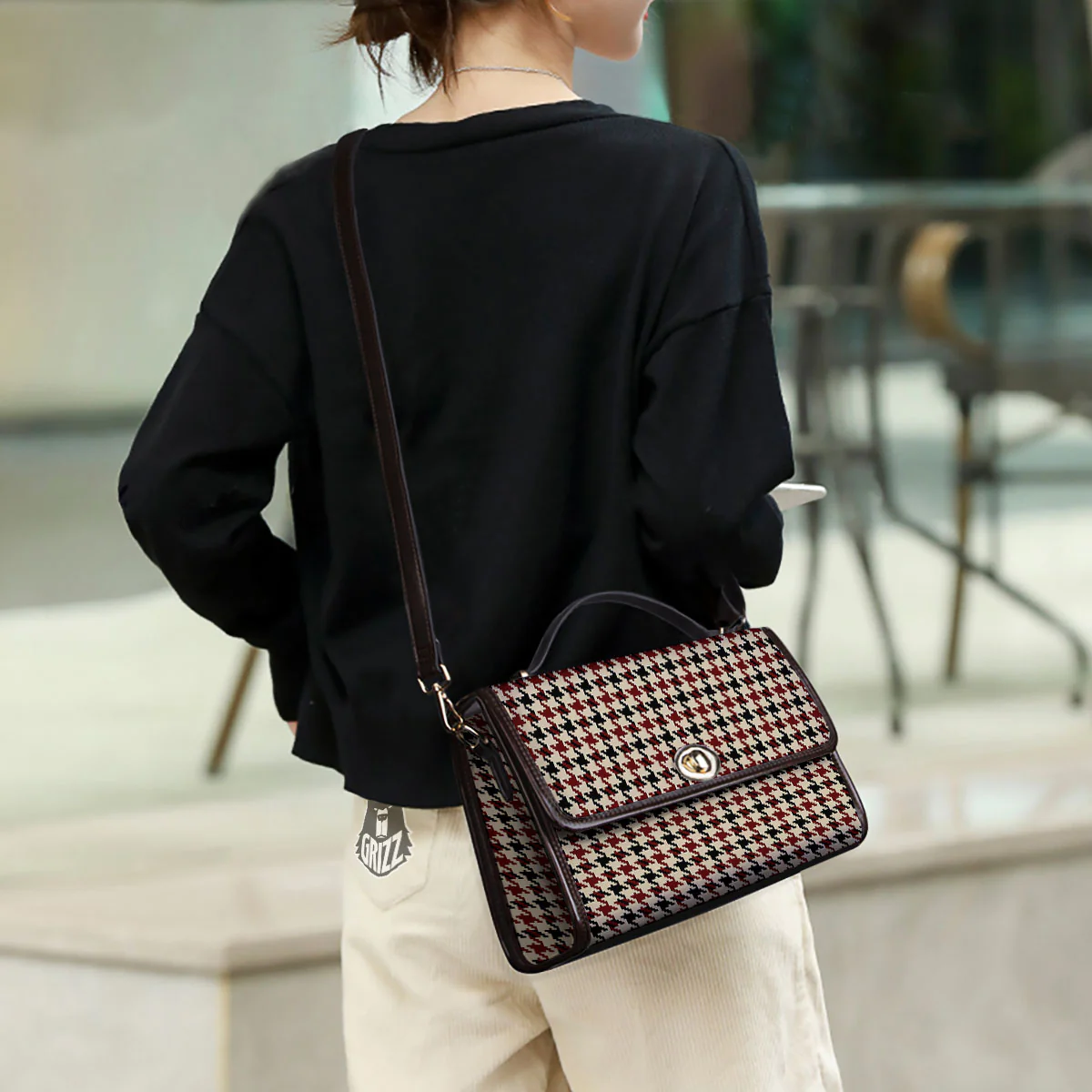 Houndstooth Red Brown Print Pattern Women's Satchel Bag - Image 3