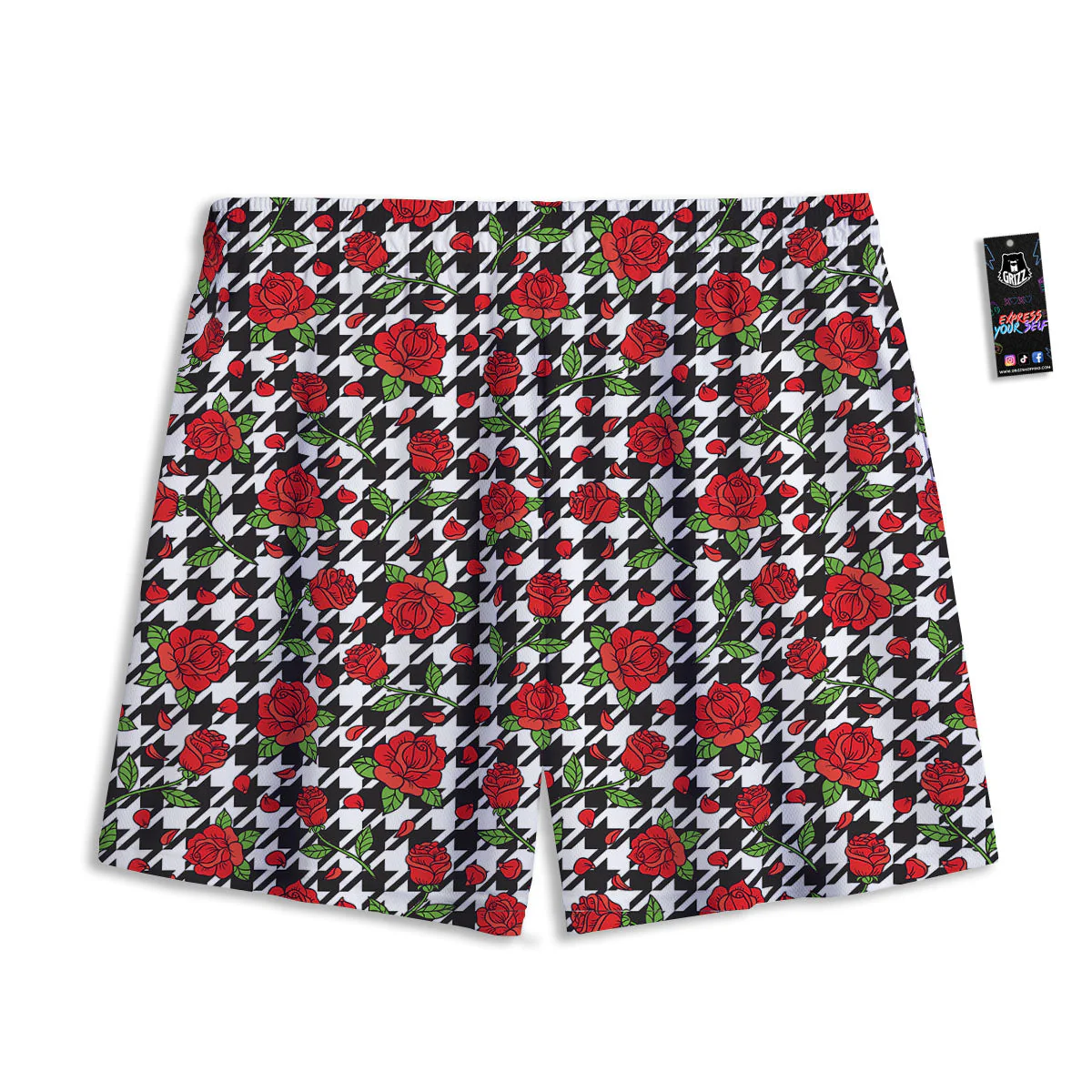Houndstooth Red Roses Print Pattern Mesh Shorts - Image 2