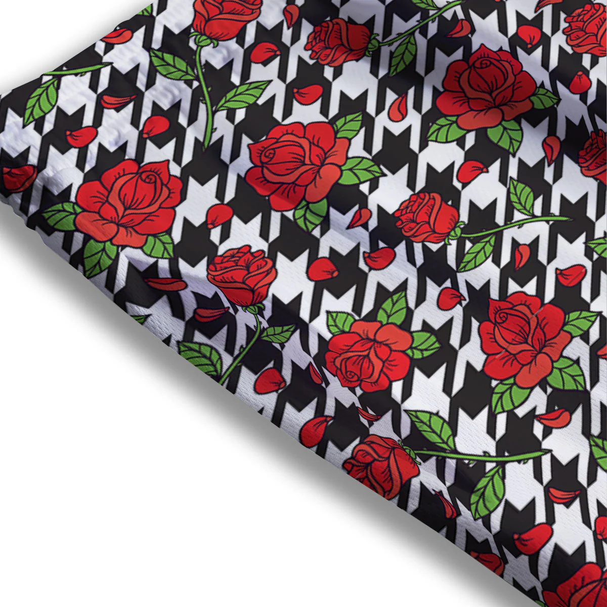 Houndstooth Red Roses Print Pattern Mesh Shorts - Image 3