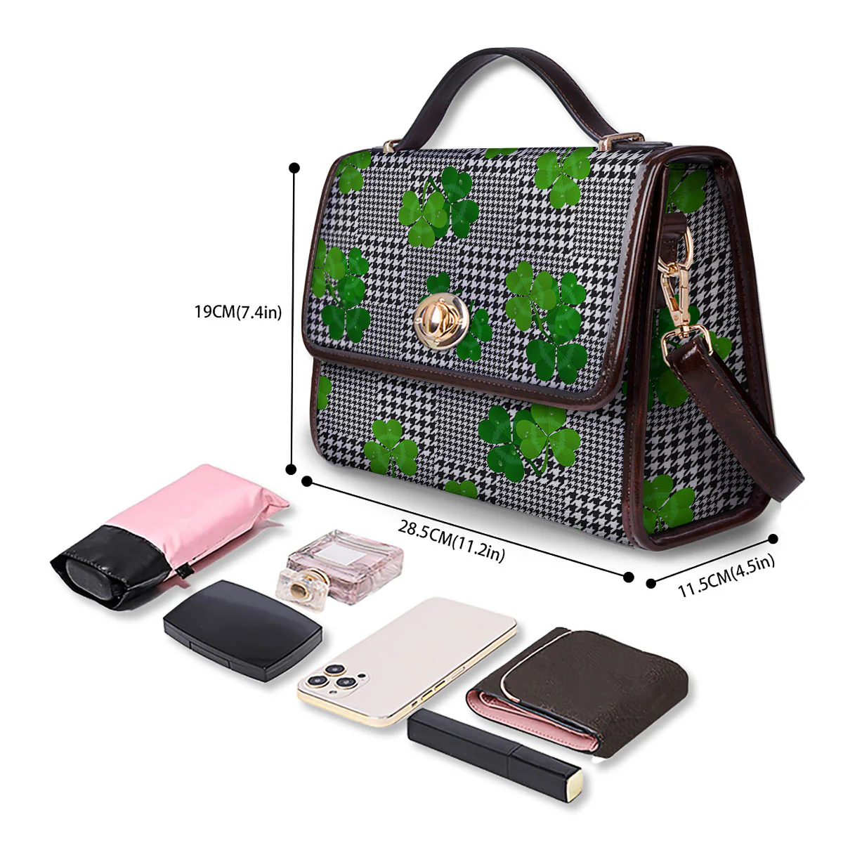 Houndstooth Shamrocks Print Pattern Women's Satchel Bag - Image 4