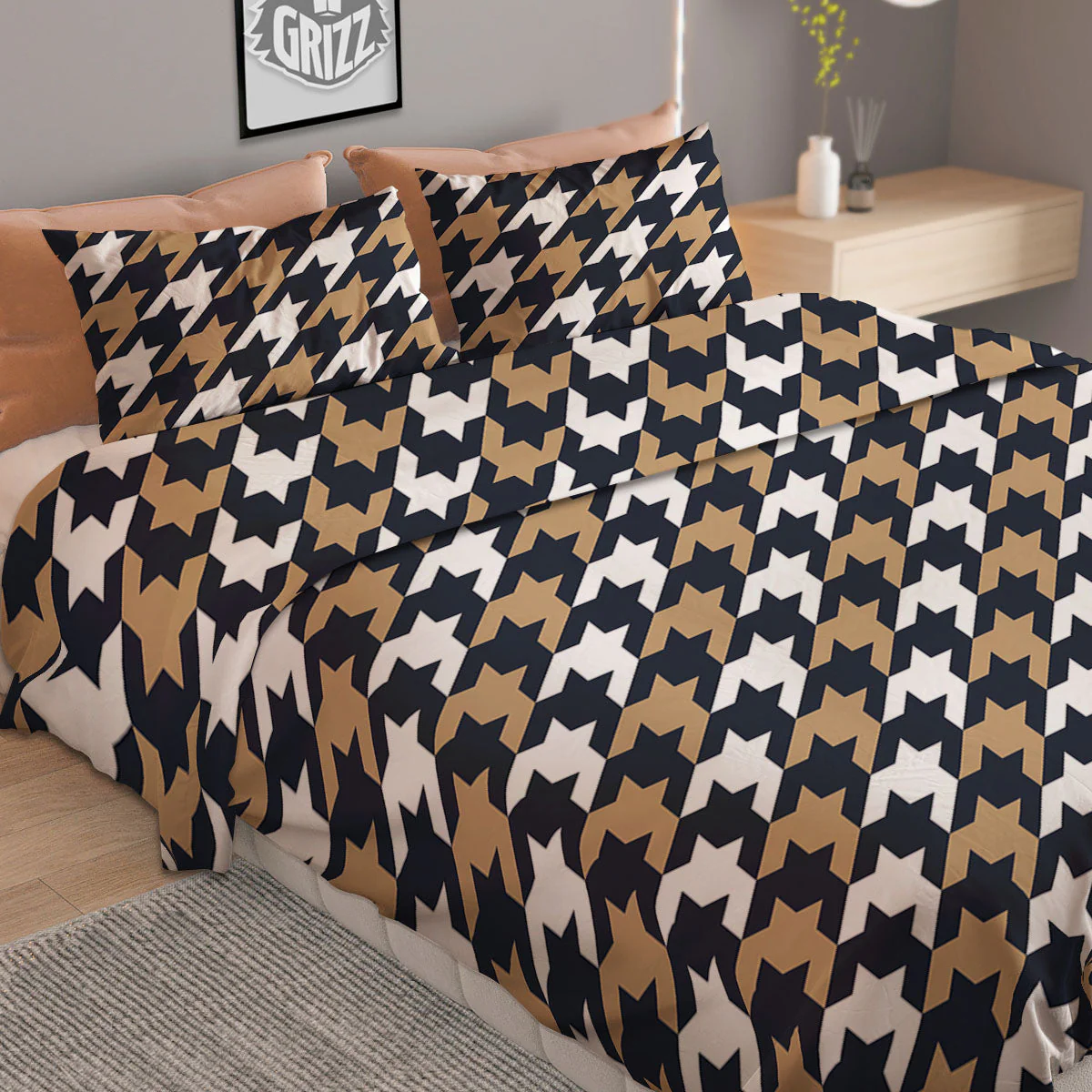 Houndstooth Tan And Brown Print Pattern Duvet Cover Bedding Set - Image 2