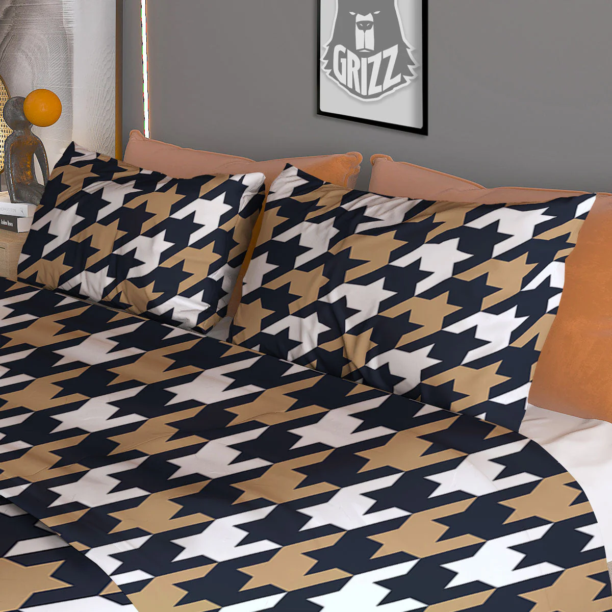 Houndstooth Tan And Brown Print Pattern Duvet Cover Bedding Set - Image 3