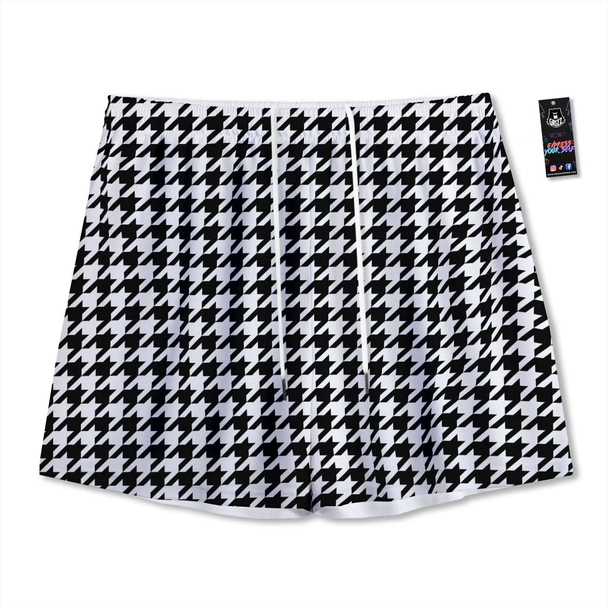 Houndstooth White And Black Print Mesh Shorts