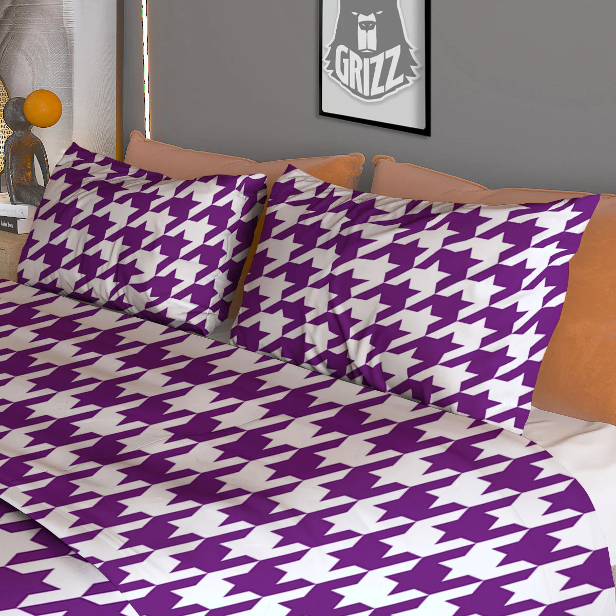 Houndstooth White And Purple Print Duvet Cover Bedding Set - Image 3