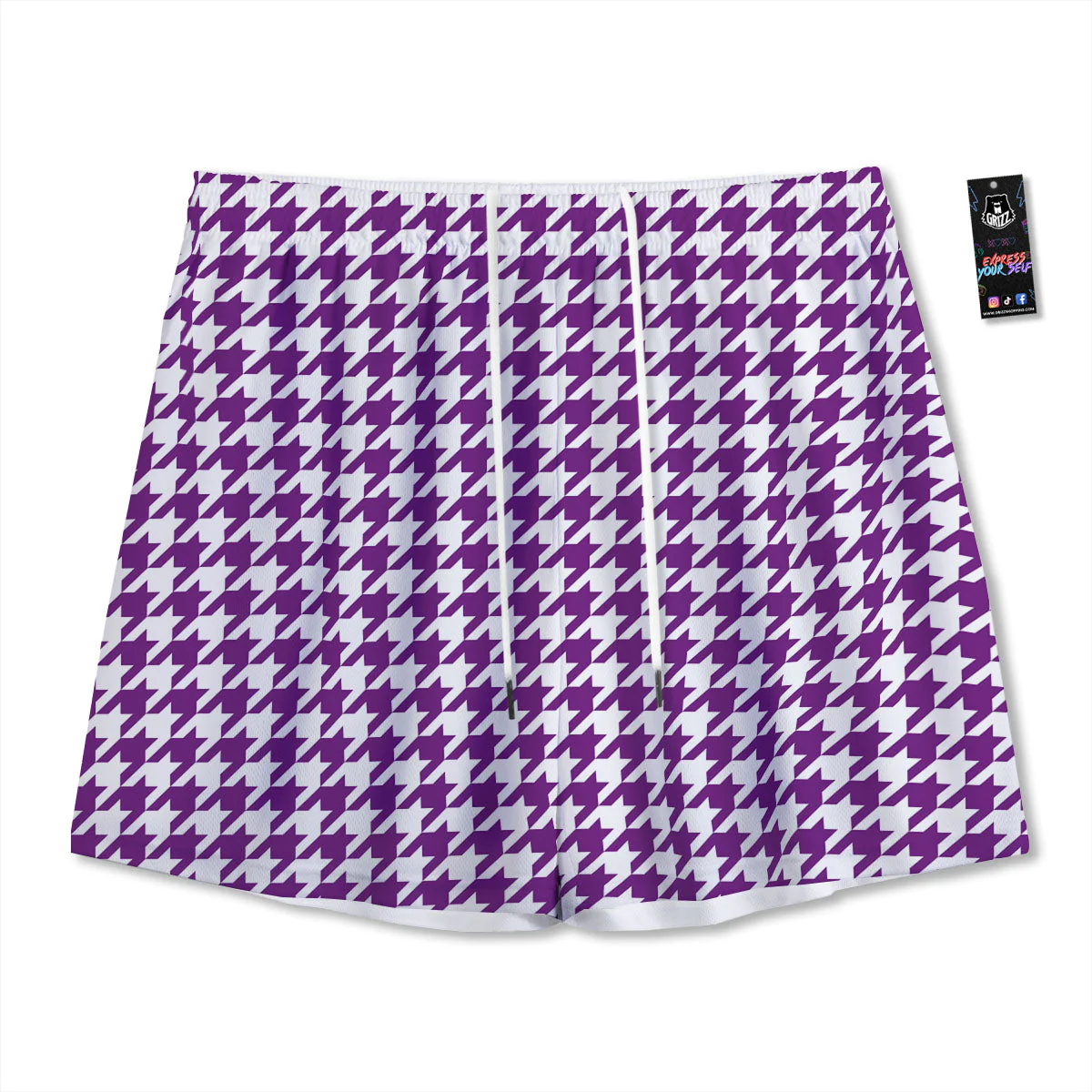 Houndstooth White And Purple Print Mesh Shorts