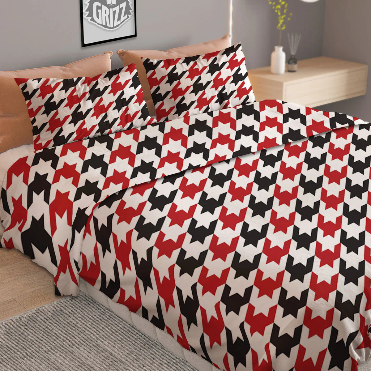 Houndstooth White And Red Print Pattern Duvet Cover Bedding Set - Image 2