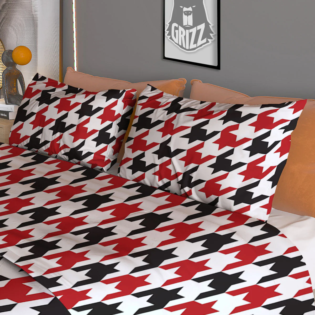 Houndstooth White And Red Print Pattern Duvet Cover Bedding Set - Image 3