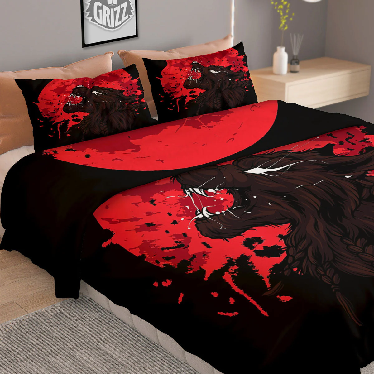 Howling Wolf Red Moon Print Duvet Cover Bedding Set - Image 2