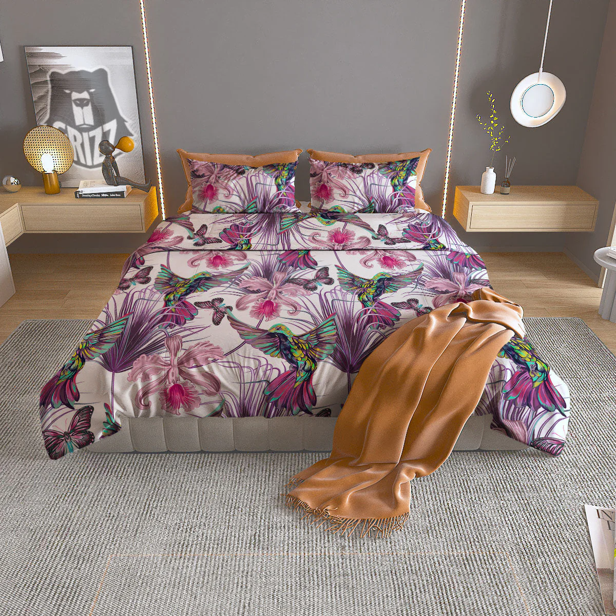 Hummingbird And Pink Flowers Print Duvet Cover Bedding Set