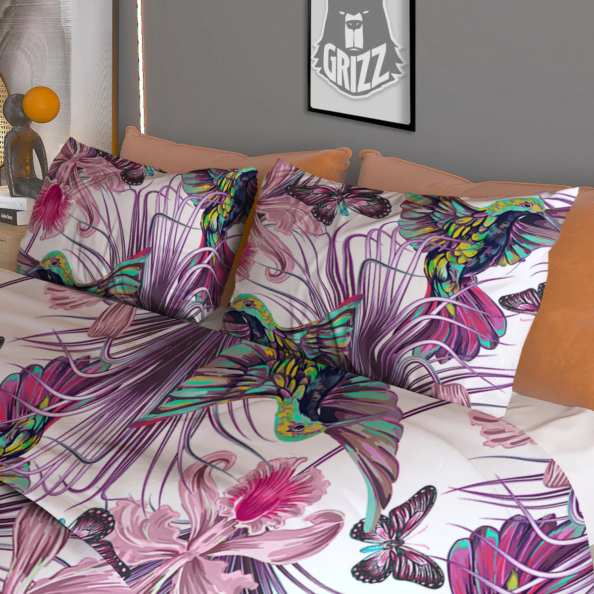 Hummingbird And Pink Flowers Print Duvet Cover Bedding Set - Image 3