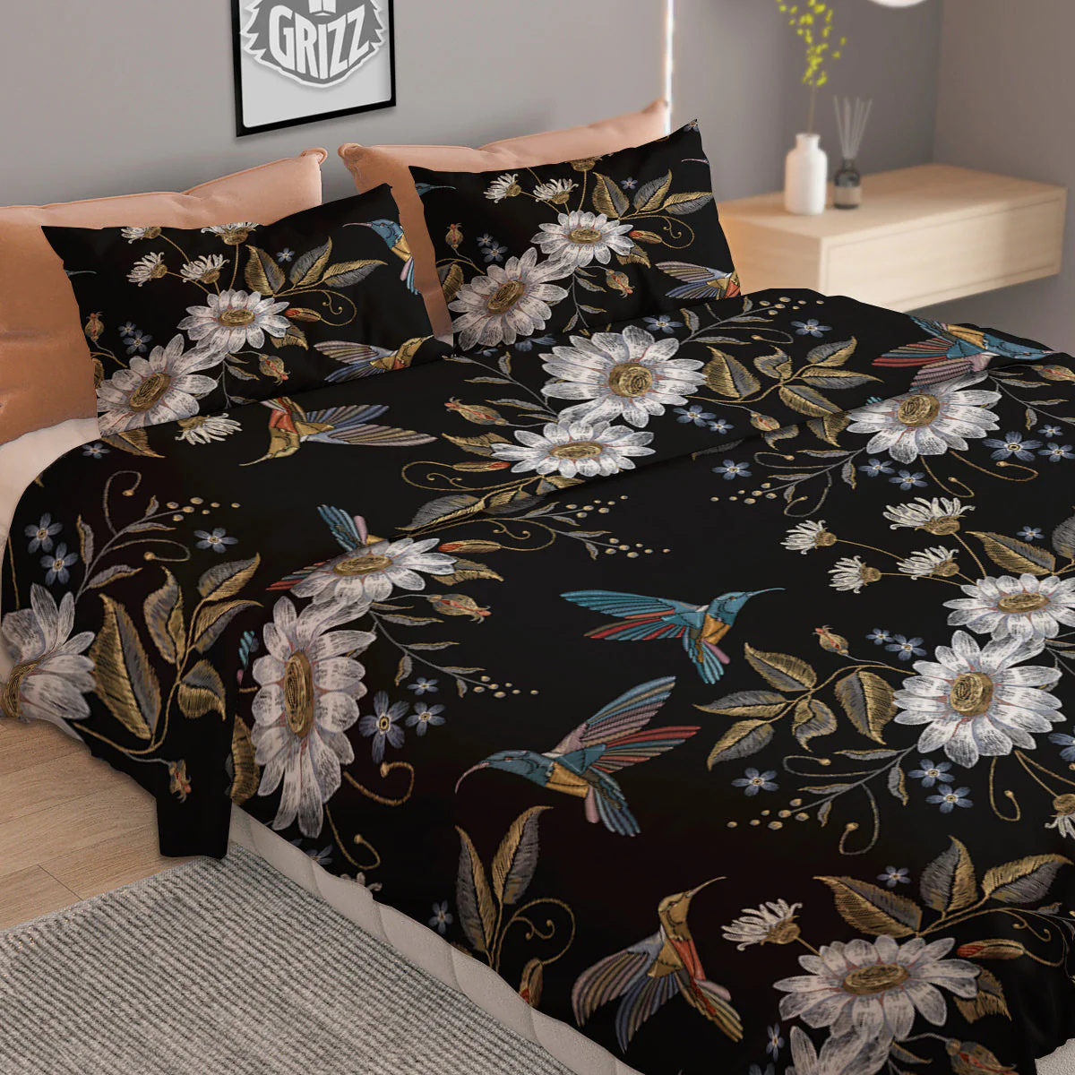 Hummingbird Floral Vintage Print Pattern Duvet Cover Bedding Set - Image 2
