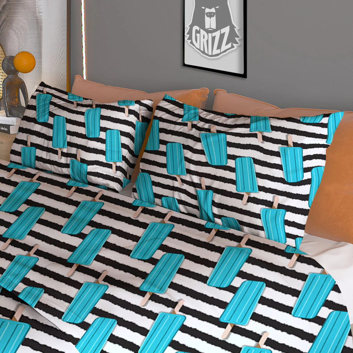 Ice Cream Black Striped Print Pattern Duvet Cover Bedding Set - Image 3