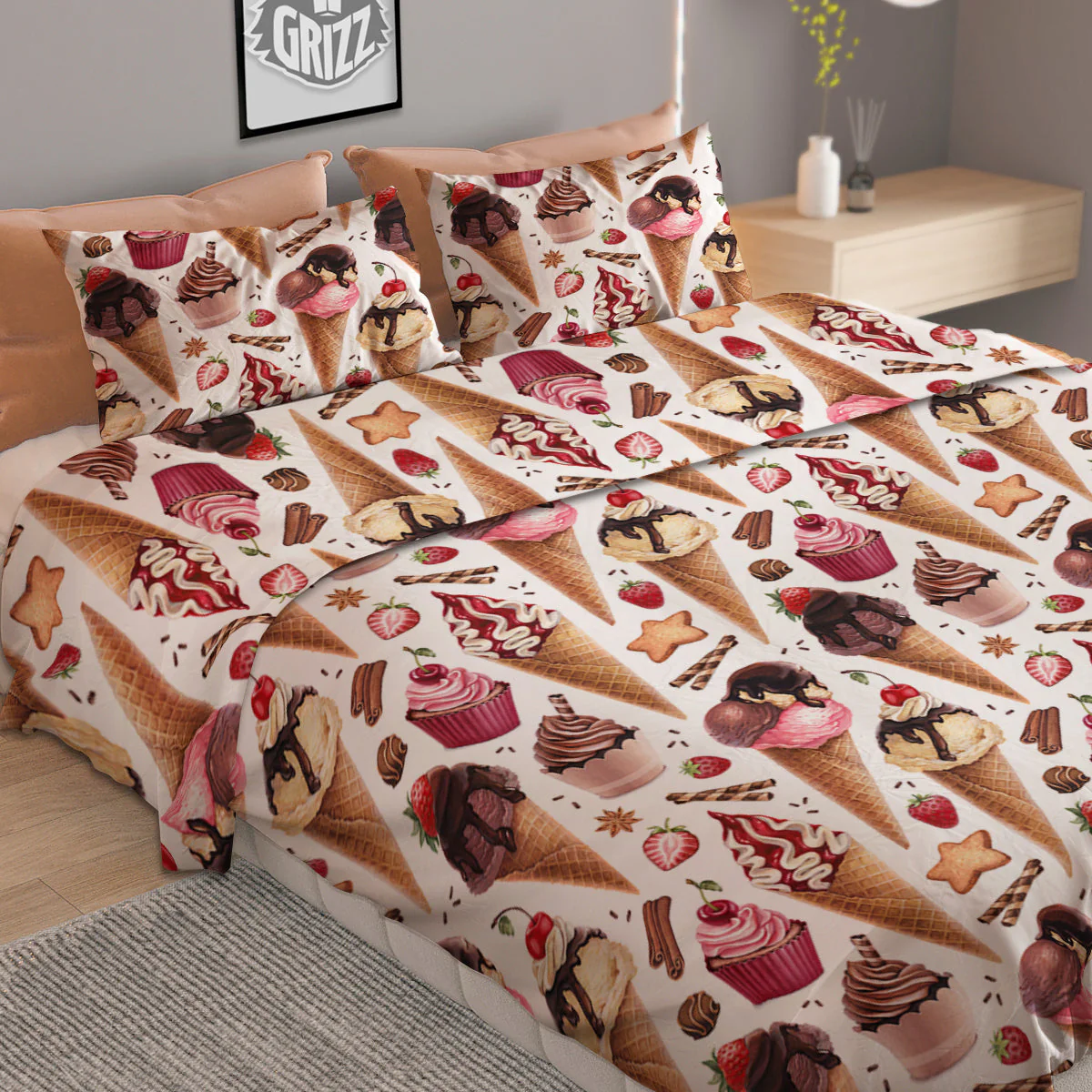Ice Cream Cones Watercolor Print Pattern Duvet Cover Bedding Set - Image 2