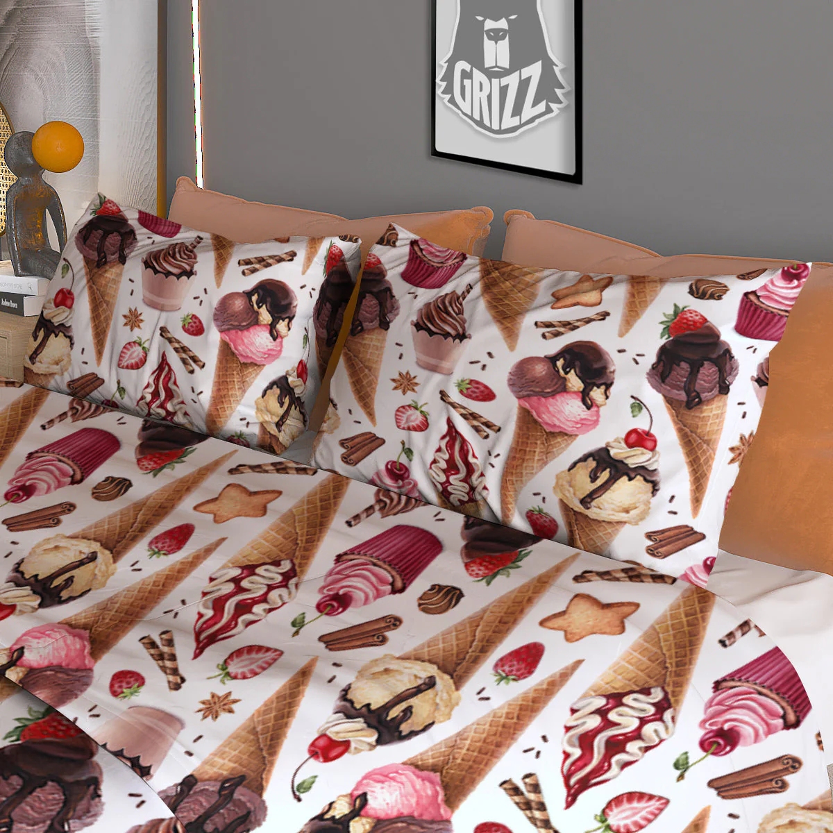 Ice Cream Cones Watercolor Print Pattern Duvet Cover Bedding Set - Image 3