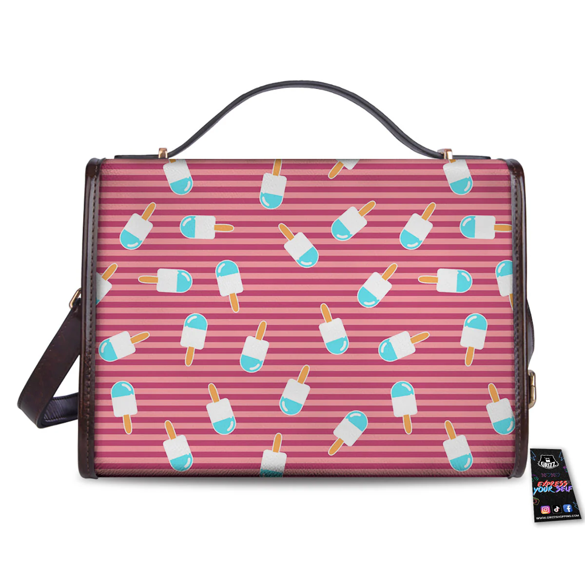 Ice Cream Pink Striped Print Pattern Women's Satchel Bag - Image 2
