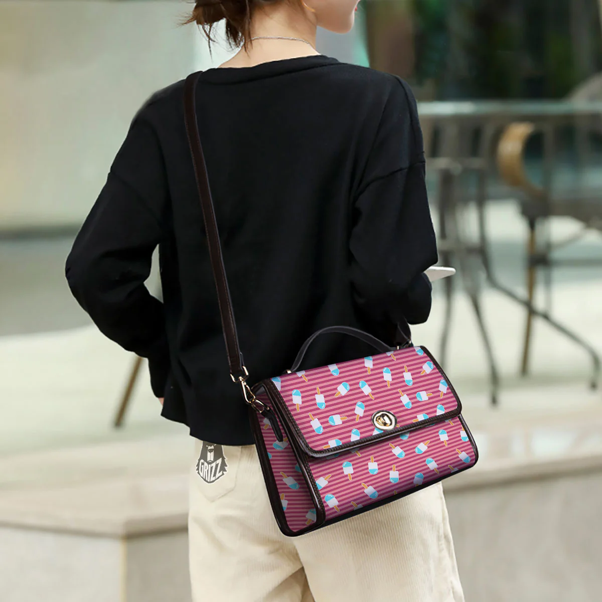 Ice Cream Pink Striped Print Pattern Women's Satchel Bag - Image 3