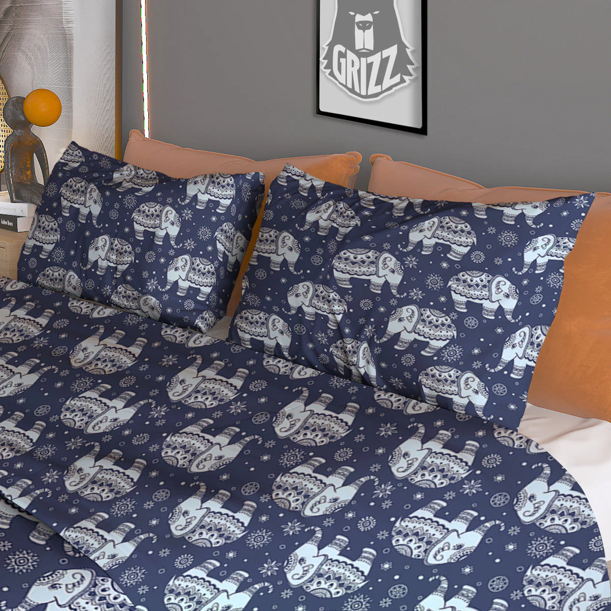 Indian Elephant Blue And White Print Pattern Duvet Cover Bedding Set - Image 3