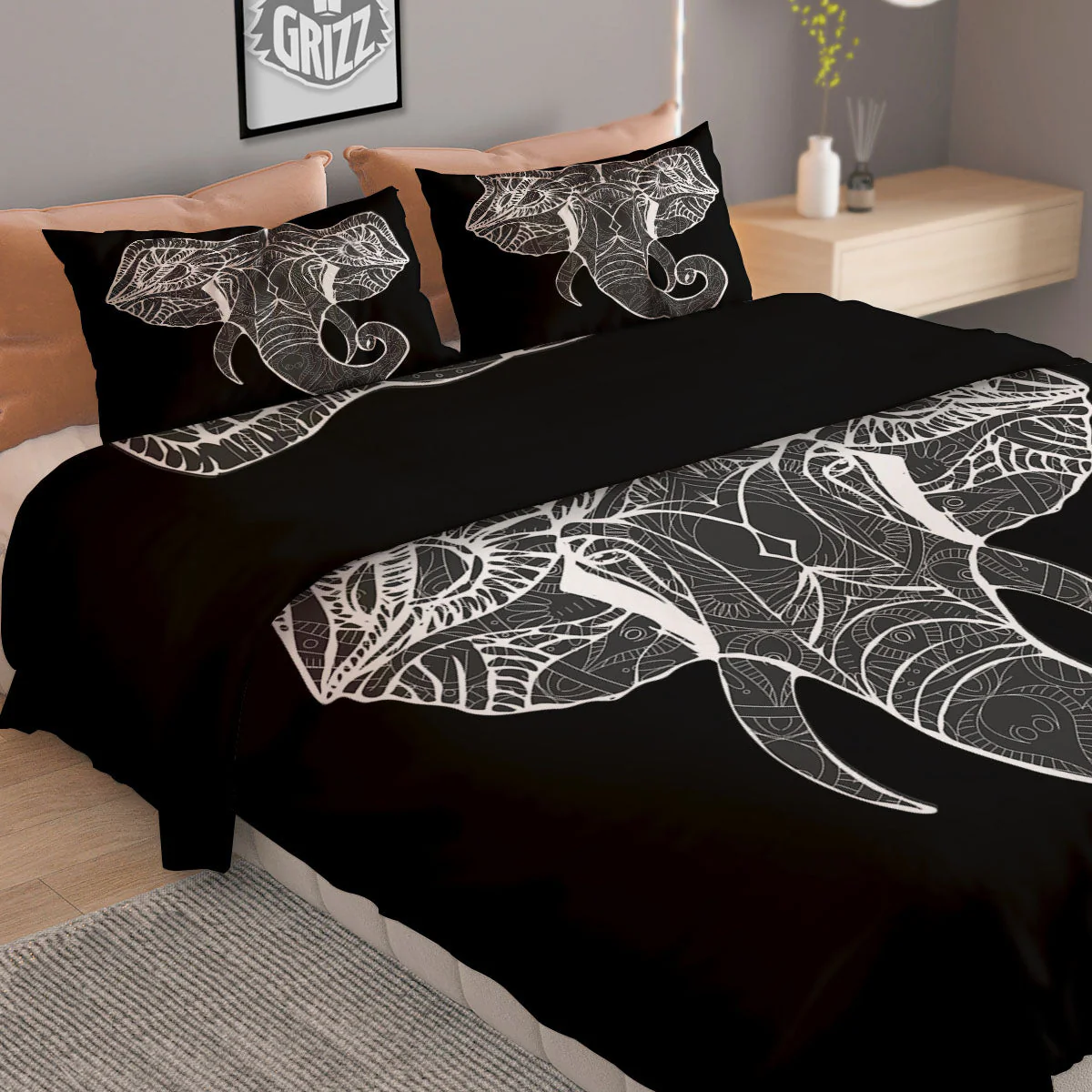 Indian Elephant White And Black Print Duvet Cover Bedding Set - Image 2