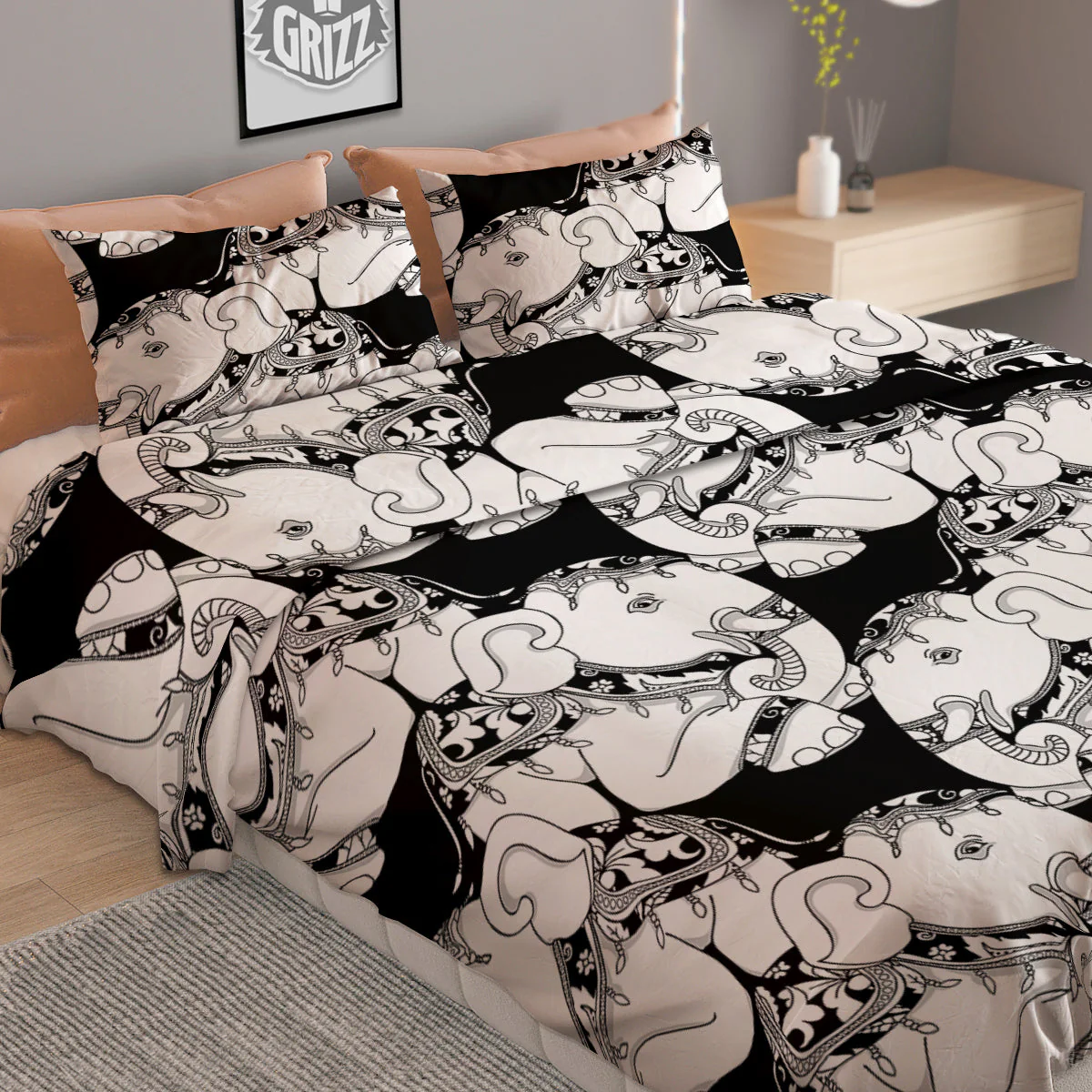 Indian Elephant White And Black Print Pattern Duvet Cover Bedding Set - Image 2