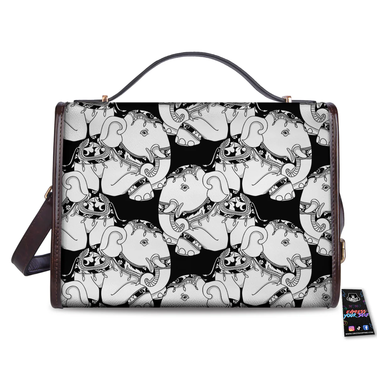 Indian Elephant White And Black Print Pattern Women's Satchel Bag - Image 2