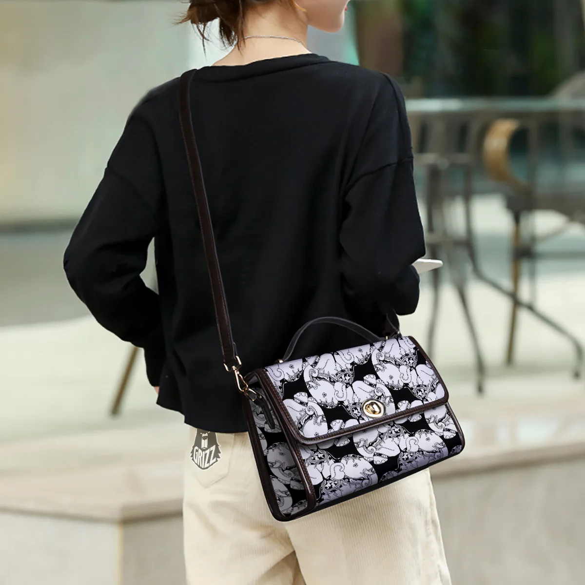 Indian Elephant White And Black Print Pattern Women's Satchel Bag - Image 3