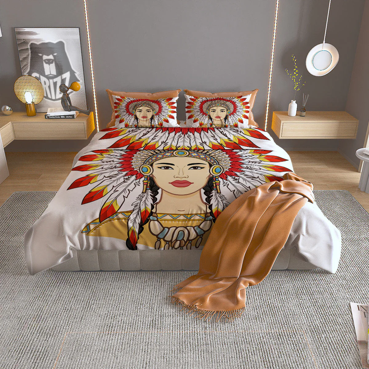 Indian Girl Native American Print Duvet Cover Bedding Set