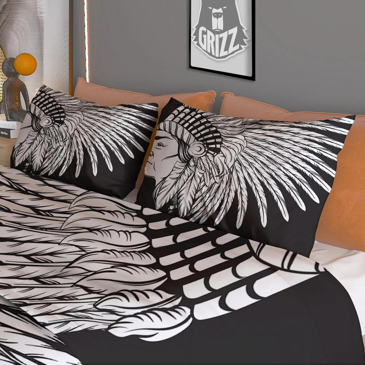 Indian Portrait Monochrome Native Print Duvet Cover Bedding Set - Image 3
