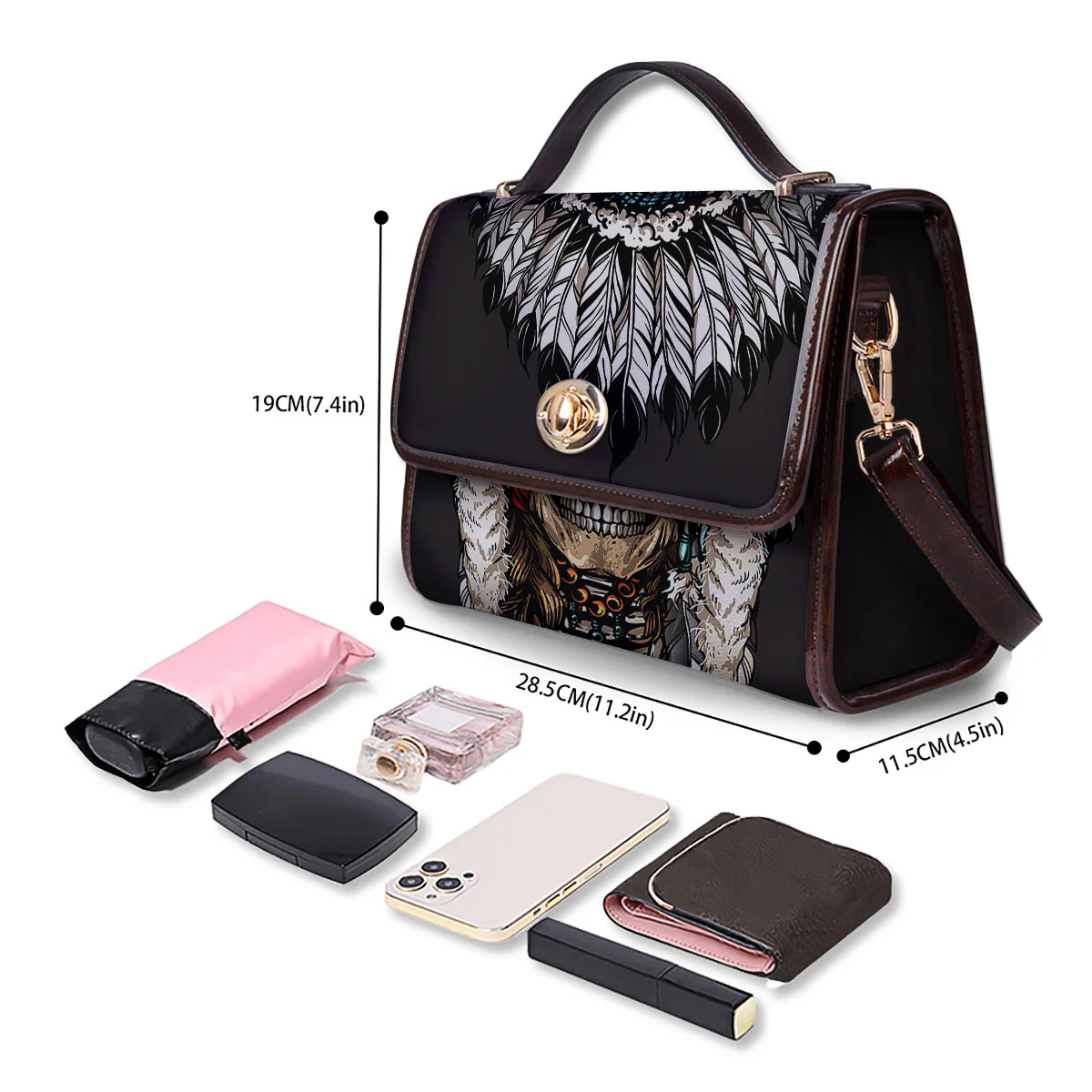 Indian Skull Native American Print Women's Satchel Bag - Image 4