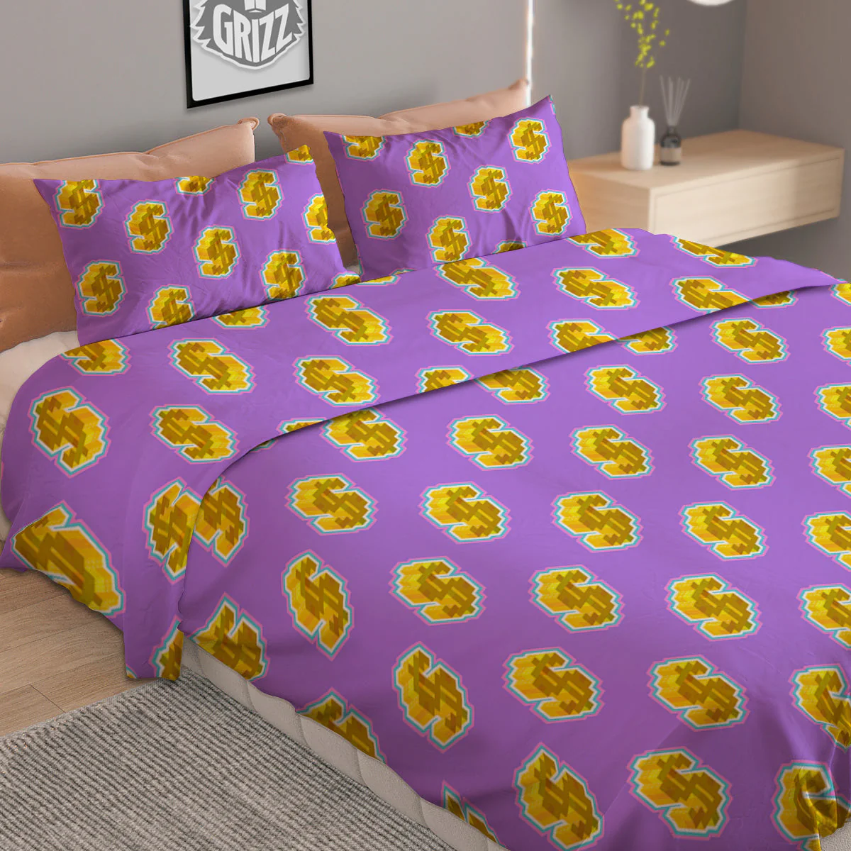 Isometric Gold Dollar Print Pattern Duvet Cover Bedding Set - Image 2