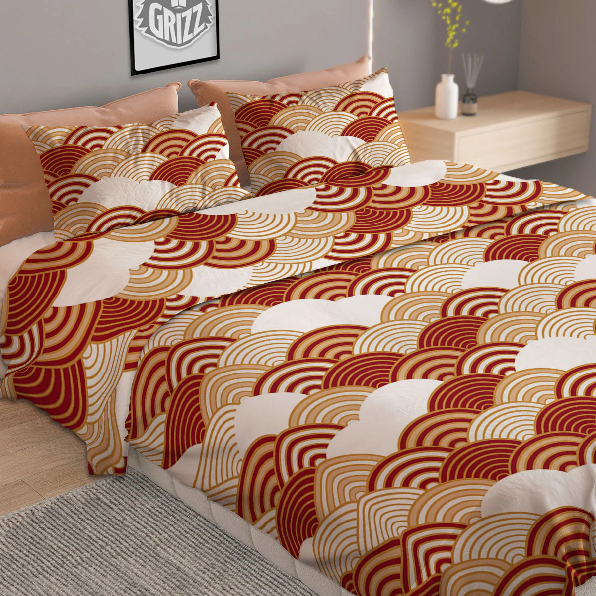 Japanese Beige And Red Print Pattern Duvet Cover Bedding Set - Image 2