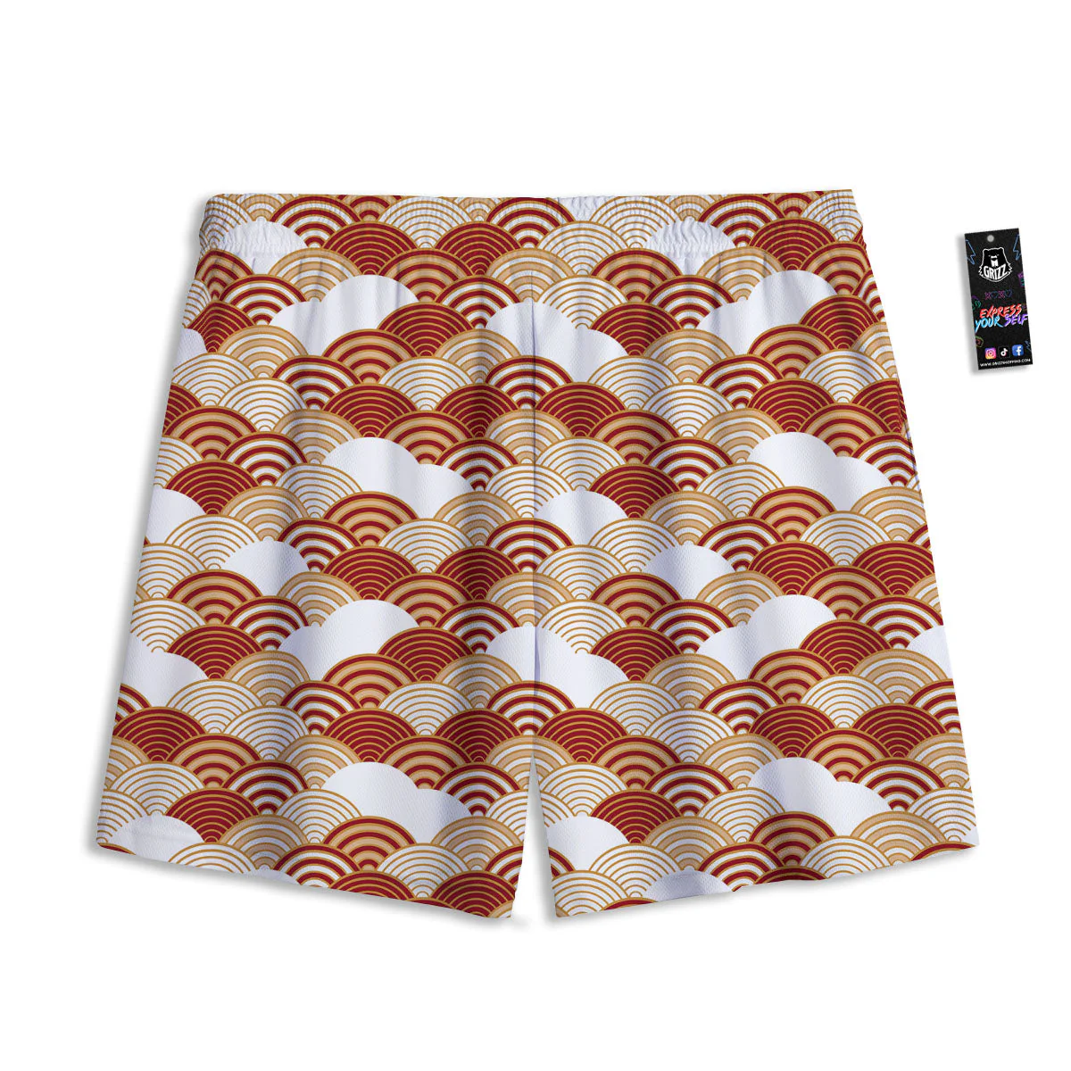 Japanese Beige And Red Print Pattern Mesh Shorts - Image 2