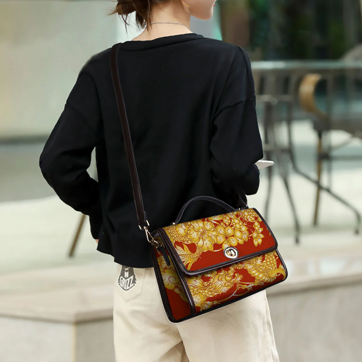 Japanese Dragon Orange Print Women's Satchel Bag - Image 3