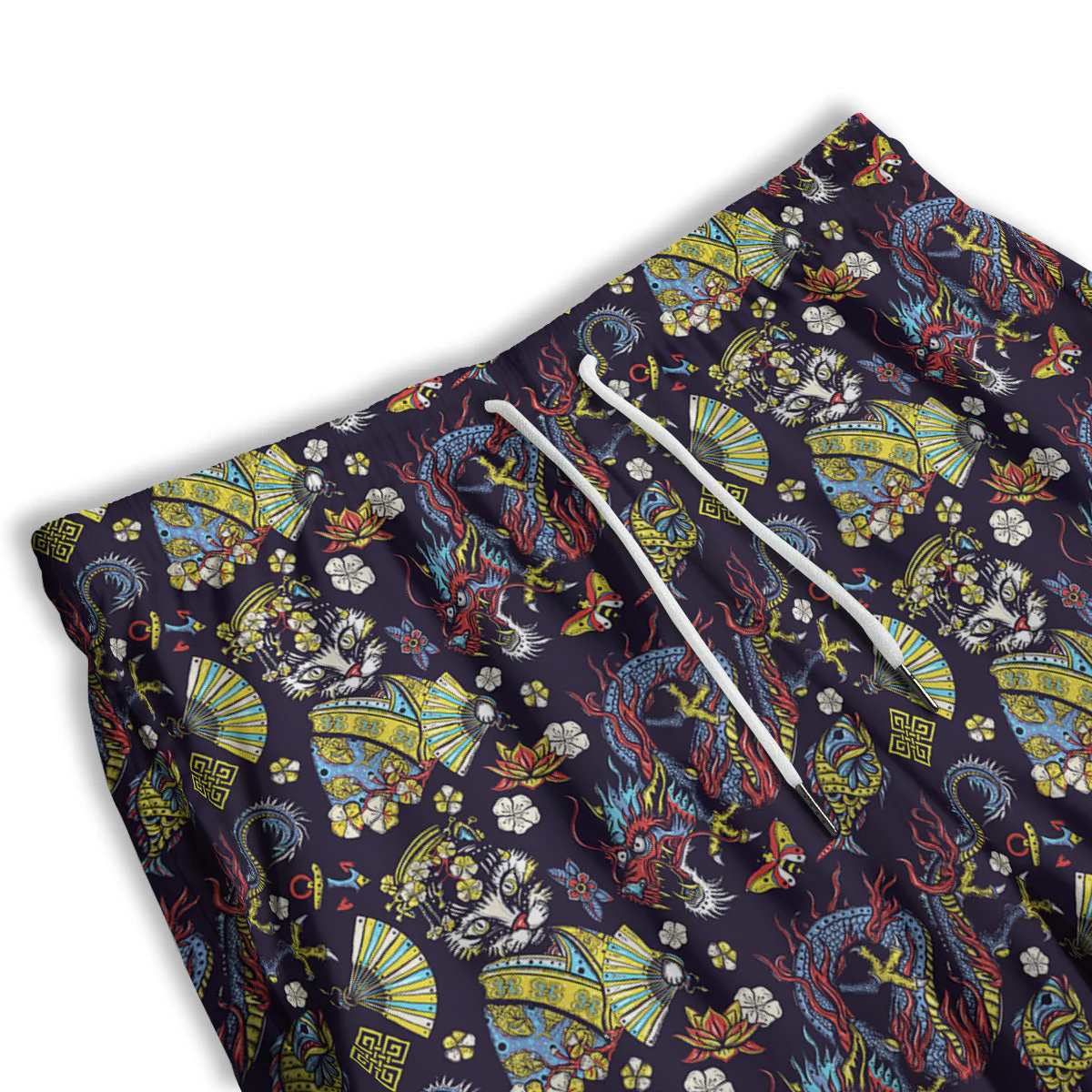 Japanese Dragons And Cat Tattoo Print Pattern Men's Athletic Shorts - Image 3
