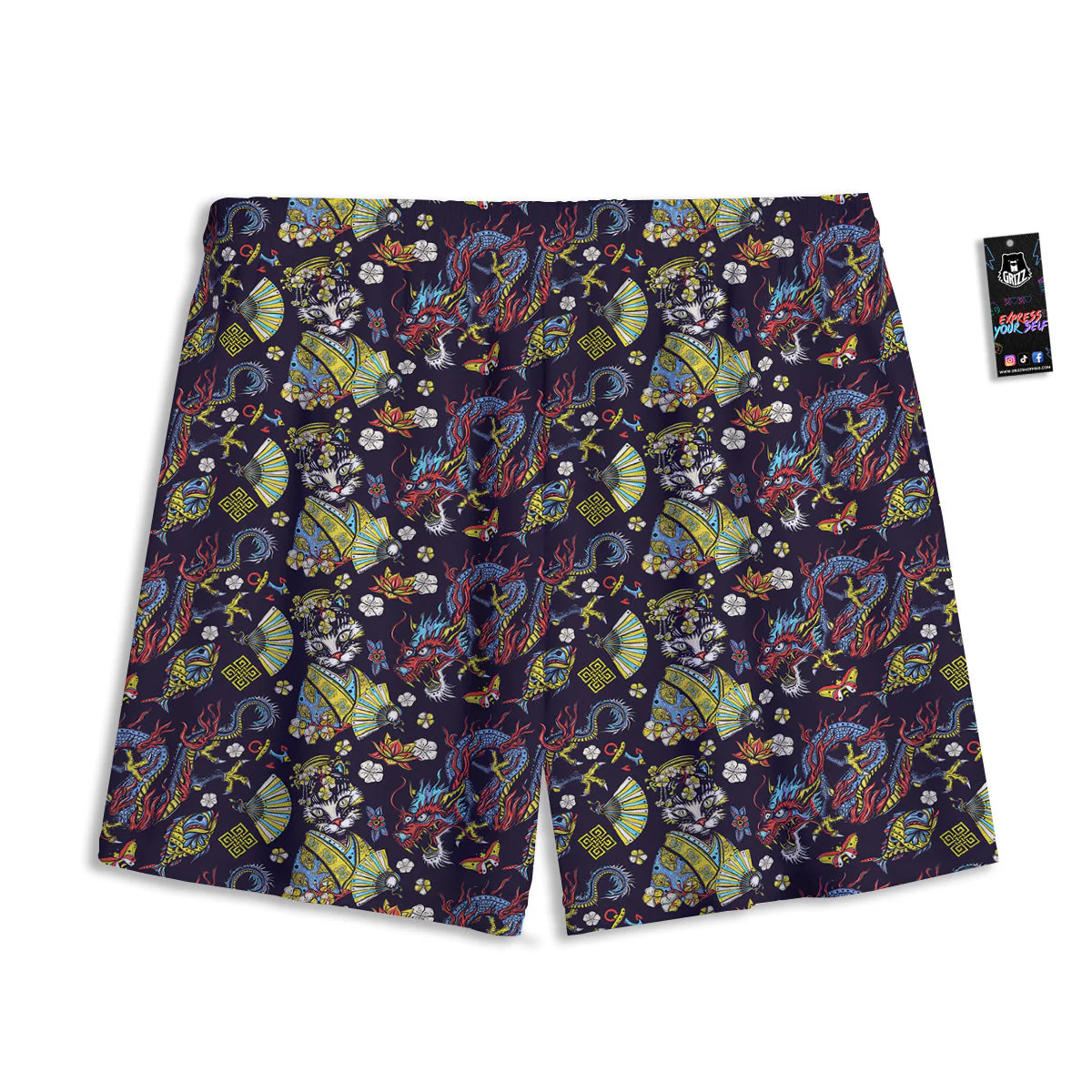 Japanese Dragons And Cat Tattoo Print Pattern Mesh Shorts - Image 2
