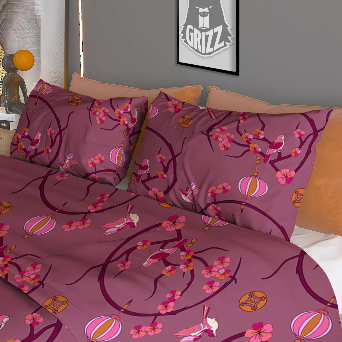 Japanese Lantern Pink Print Pattern Duvet Cover Bedding Set - Image 3