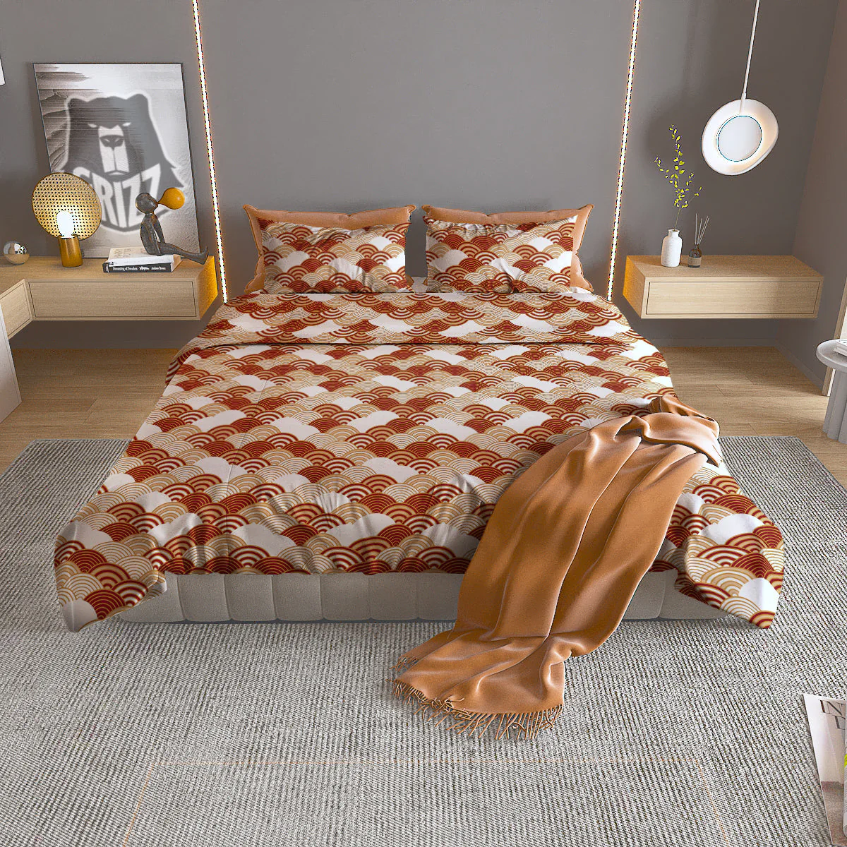 Japanese Red And Beige Print Pattern Duvet Cover Bedding Set