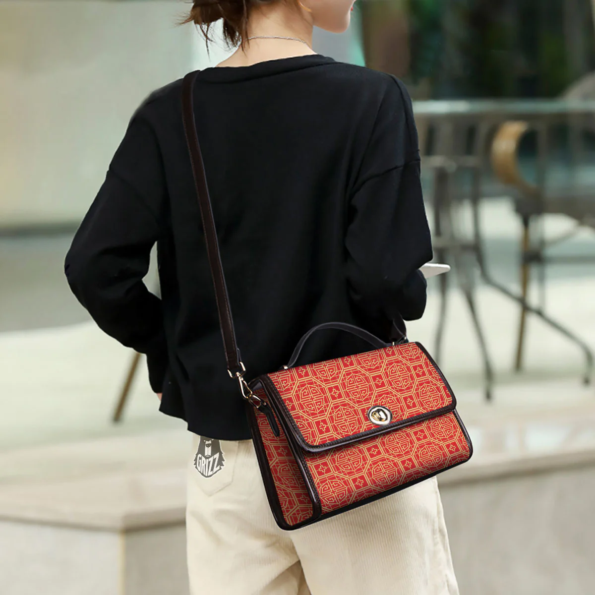 Japanese Red Geometric Print Pattern Women's Satchel Bag - Image 3