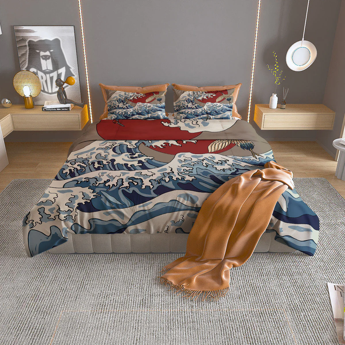 Japanese Wave Red Sun Print Duvet Cover Bedding Set