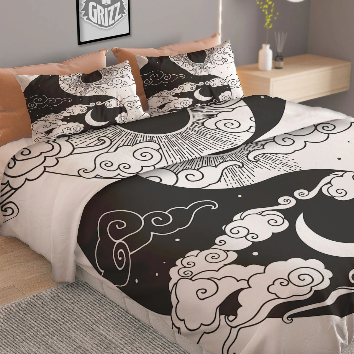 Japanese Yin Yang White And Black Print Duvet Cover Bedding Set - Image 2