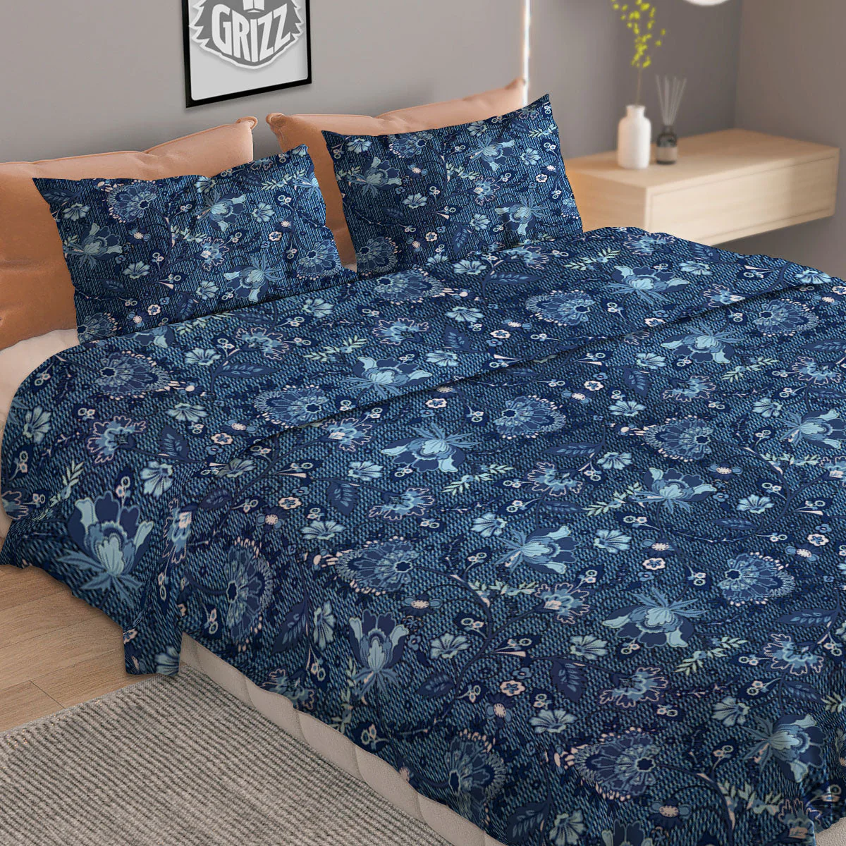 Jeans Floral Denim Print Pattern Duvet Cover Bedding Set - Image 2
