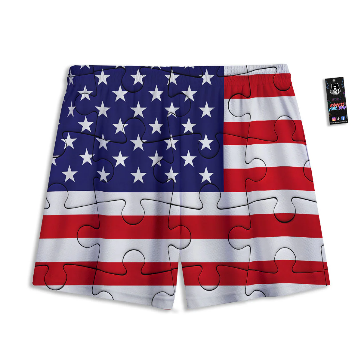 Jigsaw Puzzle American Flag Print Mesh Shorts - Image 2