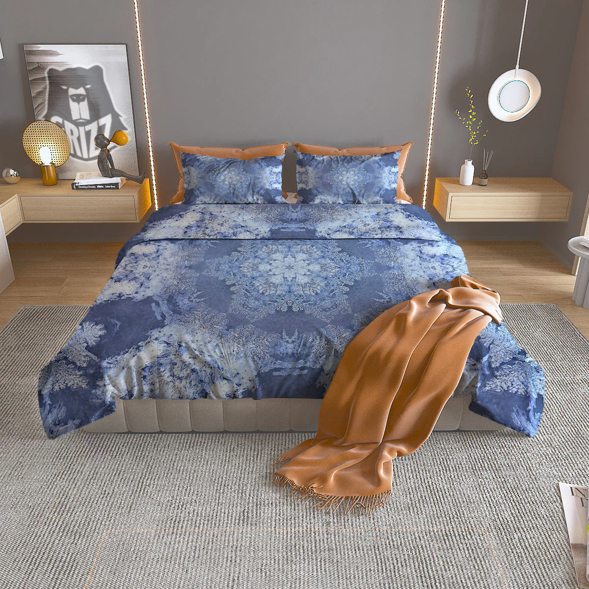 Kaleidoscope Blue Snowflake Print Duvet Cover Bedding Set