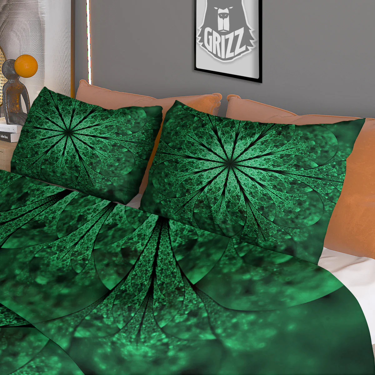 Kaleidoscope Dark Green Print Duvet Cover Bedding Set - Image 3