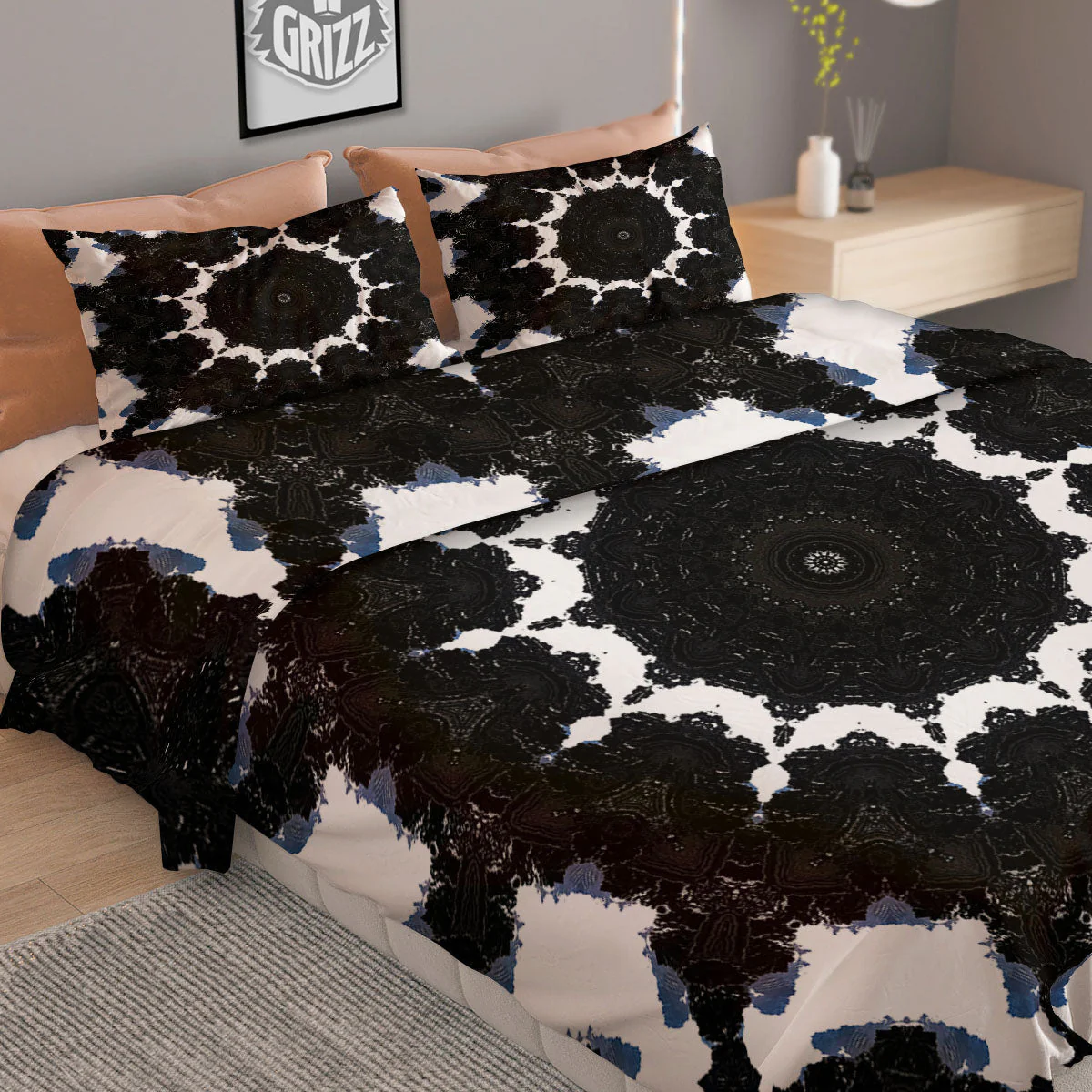 Kaleidoscope White And Black Print Duvet Cover Bedding Set - Image 2