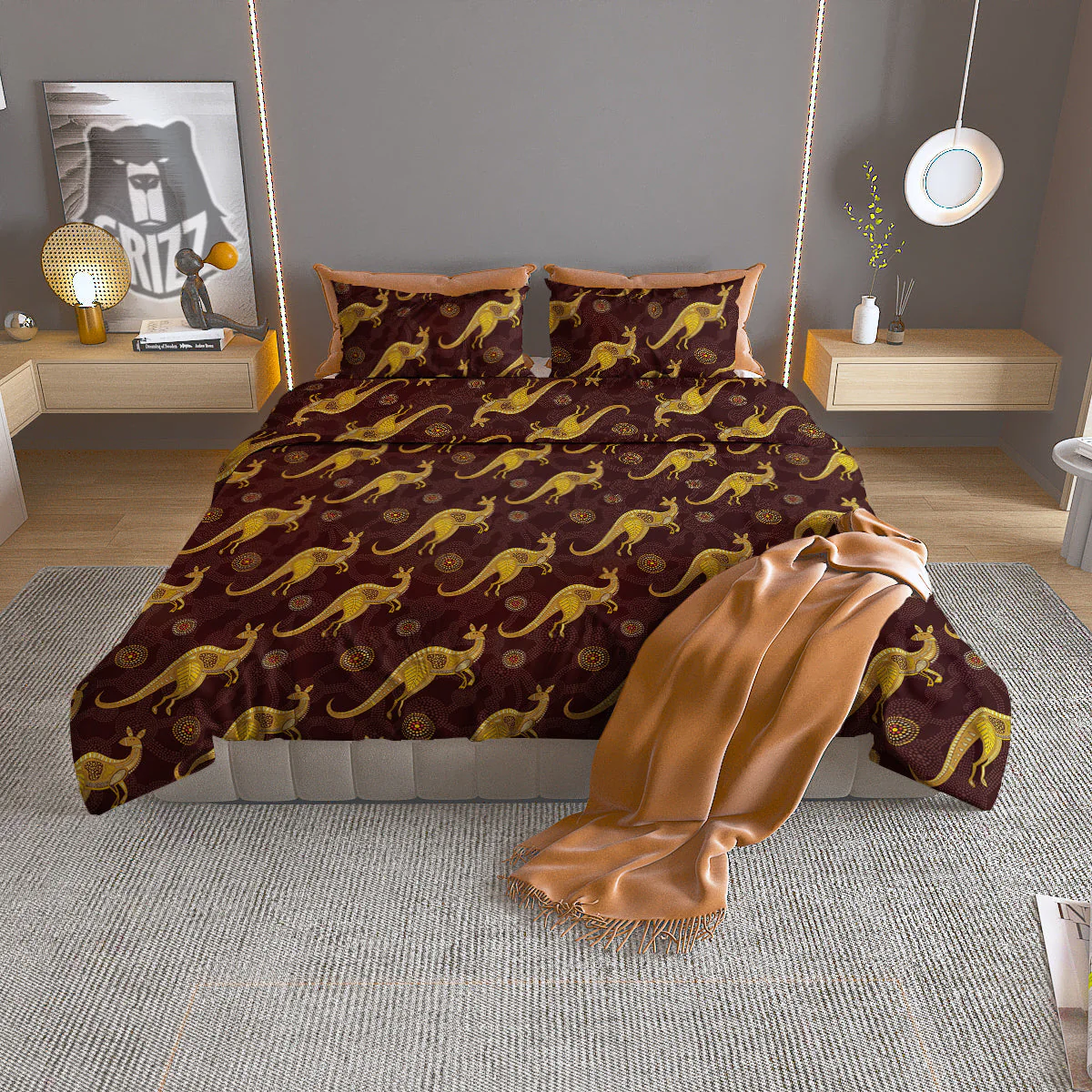 Kangaroo Aboriginal Print Pattern Duvet Cover Bedding Set