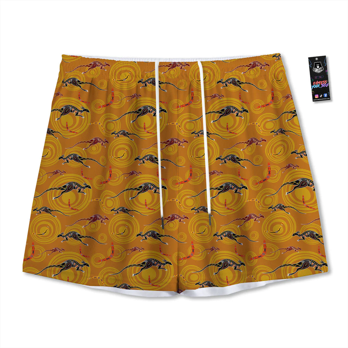 Kangaroo And Boomerang Aboriginal Print Mesh Shorts