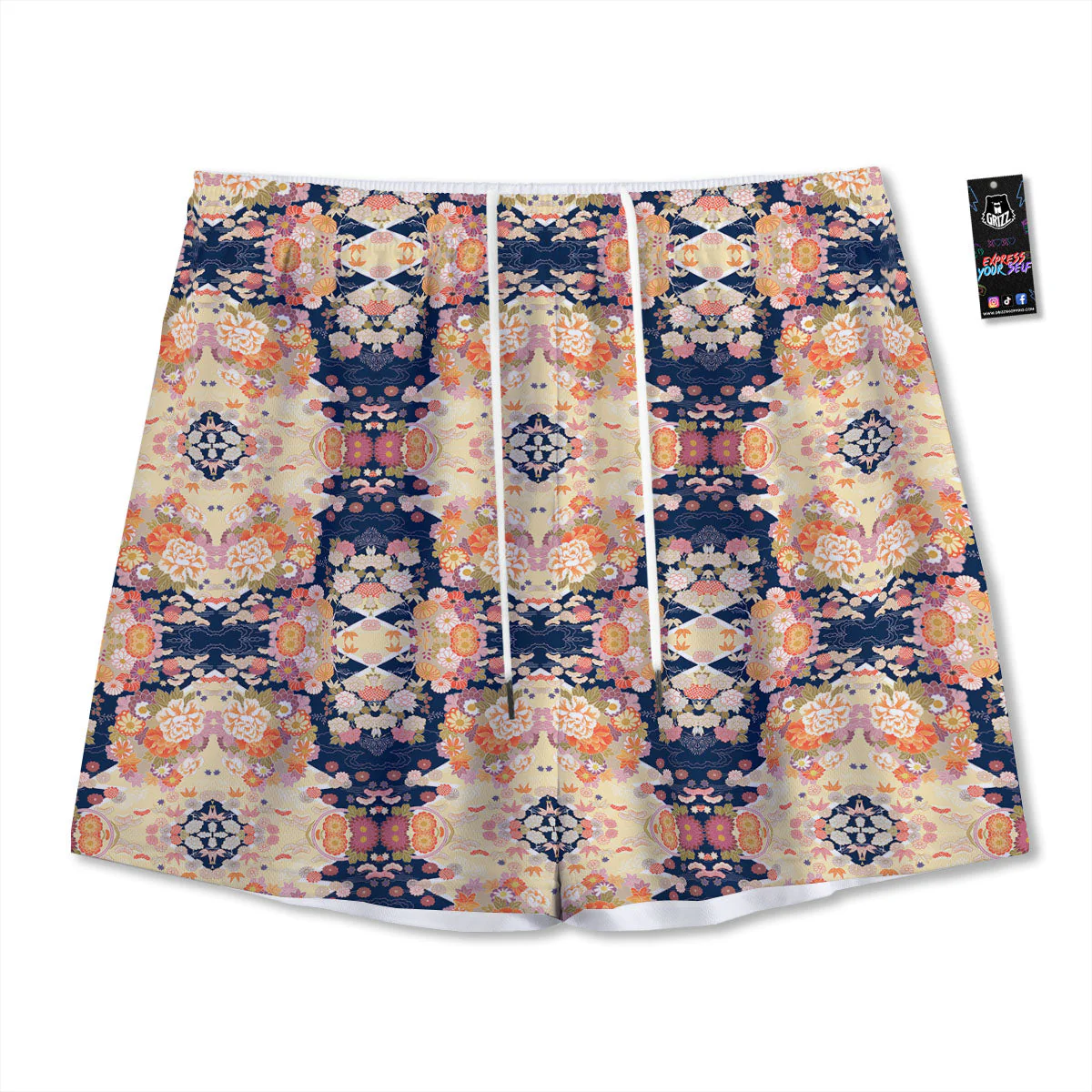 Kimono Japanese Print Pattern Mesh Shorts