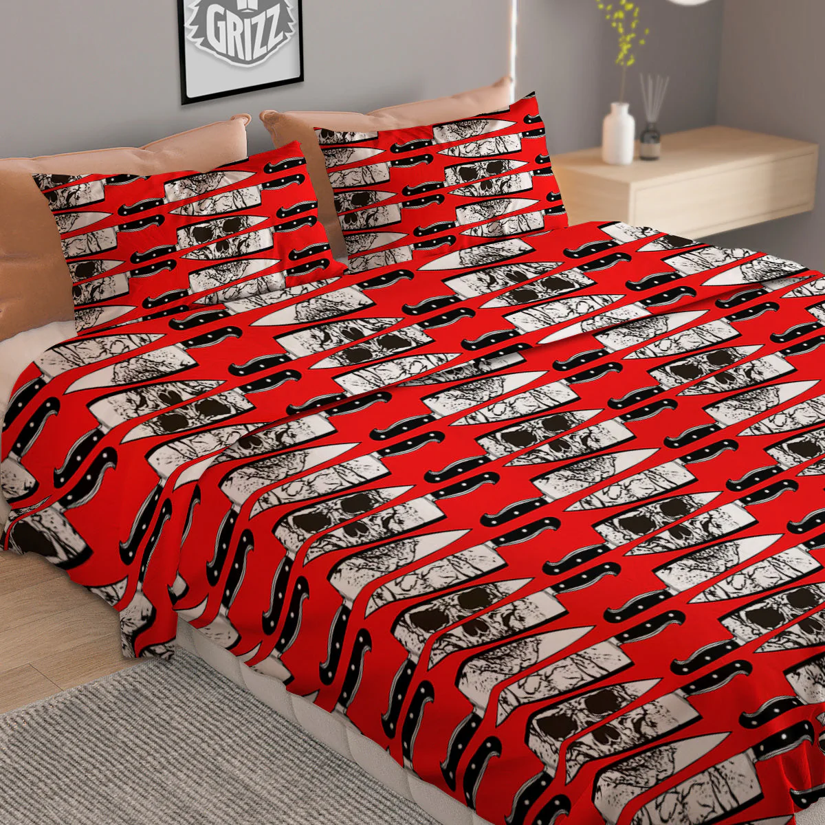 Knife And Skull Red Print Pattern Duvet Cover Bedding Set - Image 2